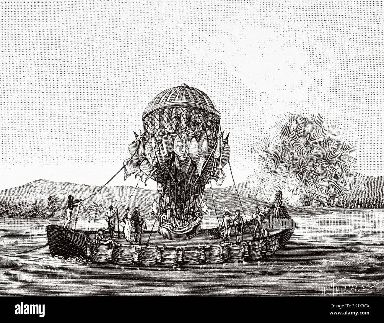 Ascent of the Balloon Garnerin made on the Seine in Paris in 1801, France. Old 19th century engraved illustration from La Nature 1890 Stock Photo