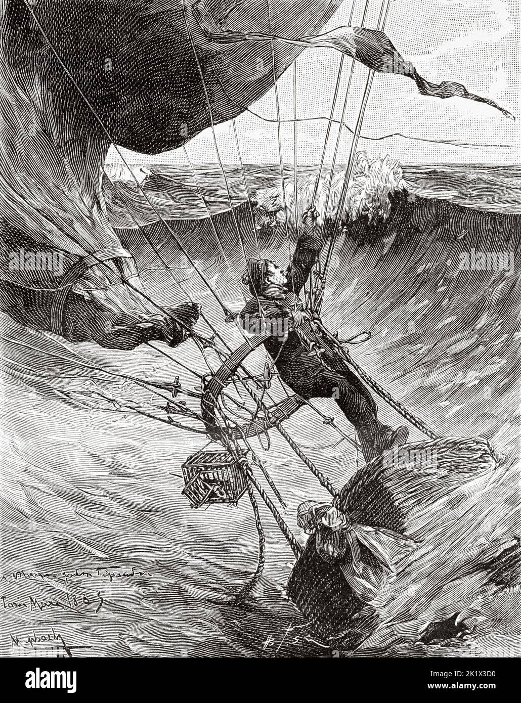 Balloon from the siege of Paris lost at sea on November 30, 1870, death of the sailor Prince. Old 19th century engraved illustration from La Nature 1890 Stock Photo