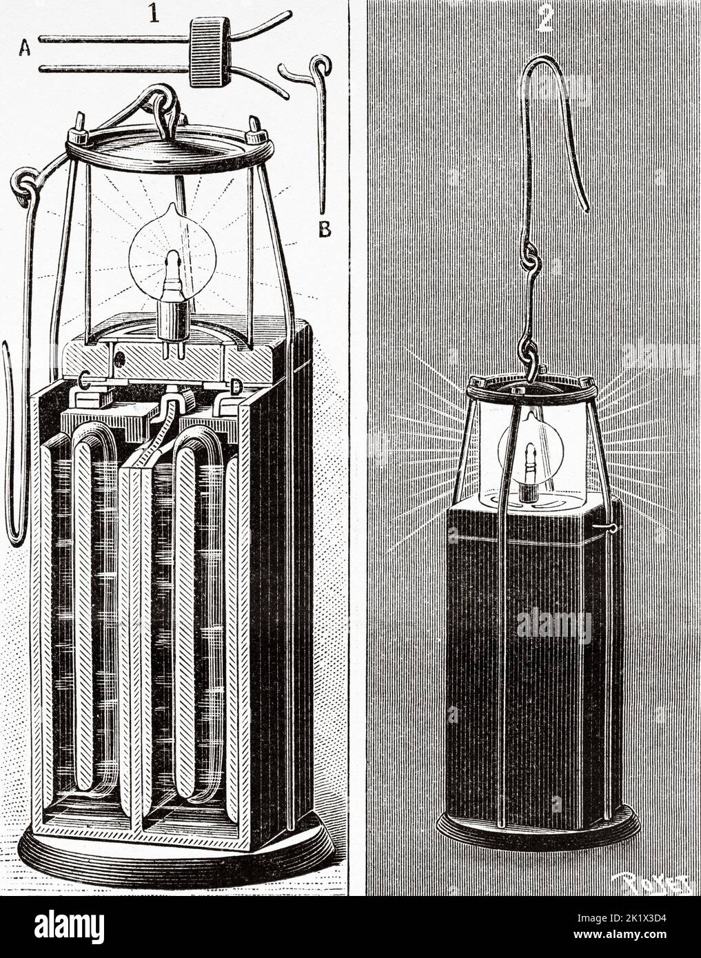 Pollak Battery Mine Lamp. Old 19th century engraved illustration from La Nature 1890 Stock Photo