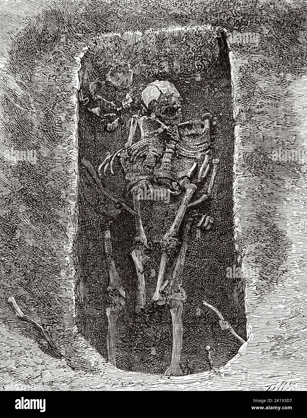Merovingian graves discovered at Andresy, skeleton of a woman, France. Old 19th century engraved illustration from La Nature 1890 Stock Photo