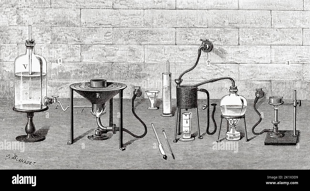 Apparatus for wine analysis. Old 19th century engraved illustration from La Nature 1890 Stock Photo