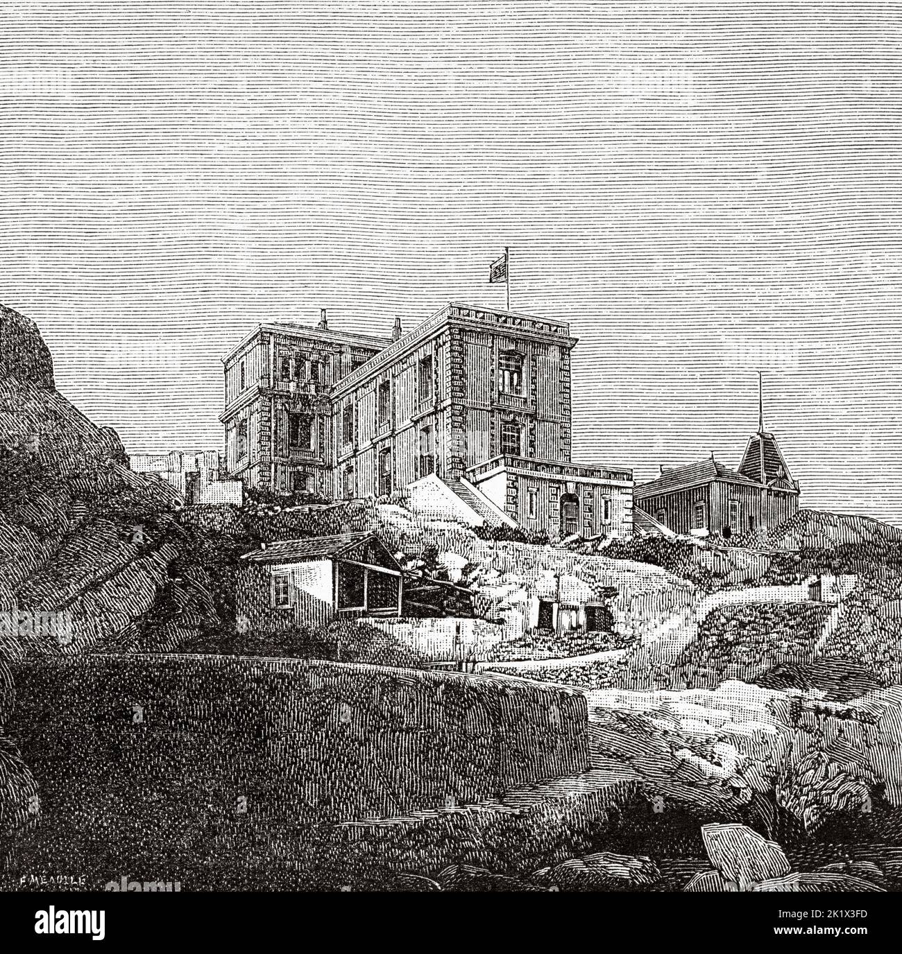 The Marine Station of Endoume is an oceanography and marine biology research institute located in Marseille, France. Old 19th century engraved illustration from La Nature 1890 Stock Photo