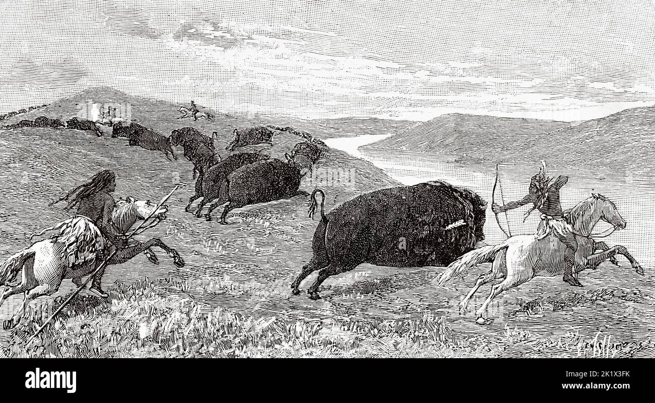Bison hunting by the Redskins on horseback, USA. Old 19th century engraved illustration from La Nature 1890 Stock Photo