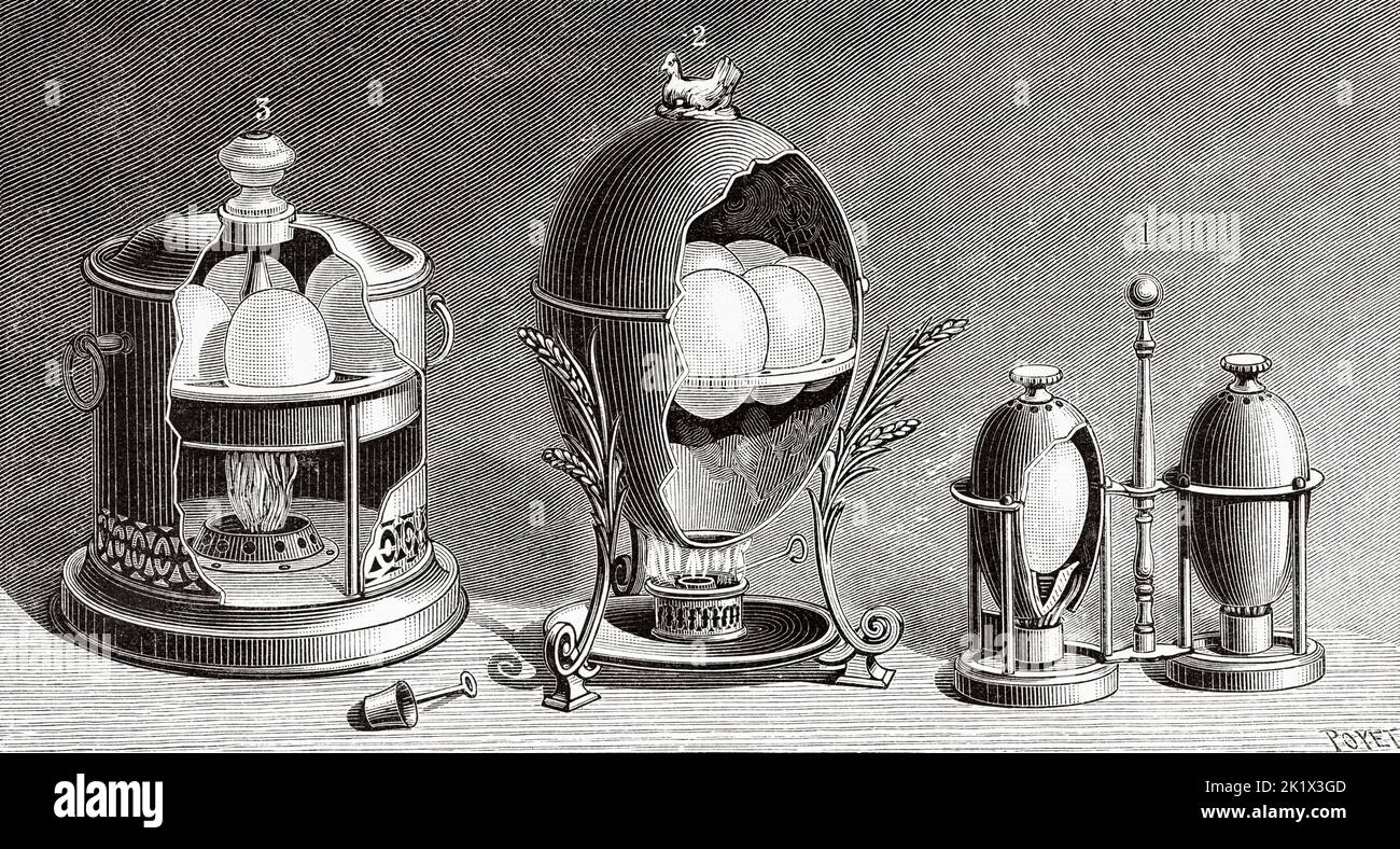 Appliances for boiling boiled eggs. Old 19th century engraved illustration from La Nature 1890 Stock Photo