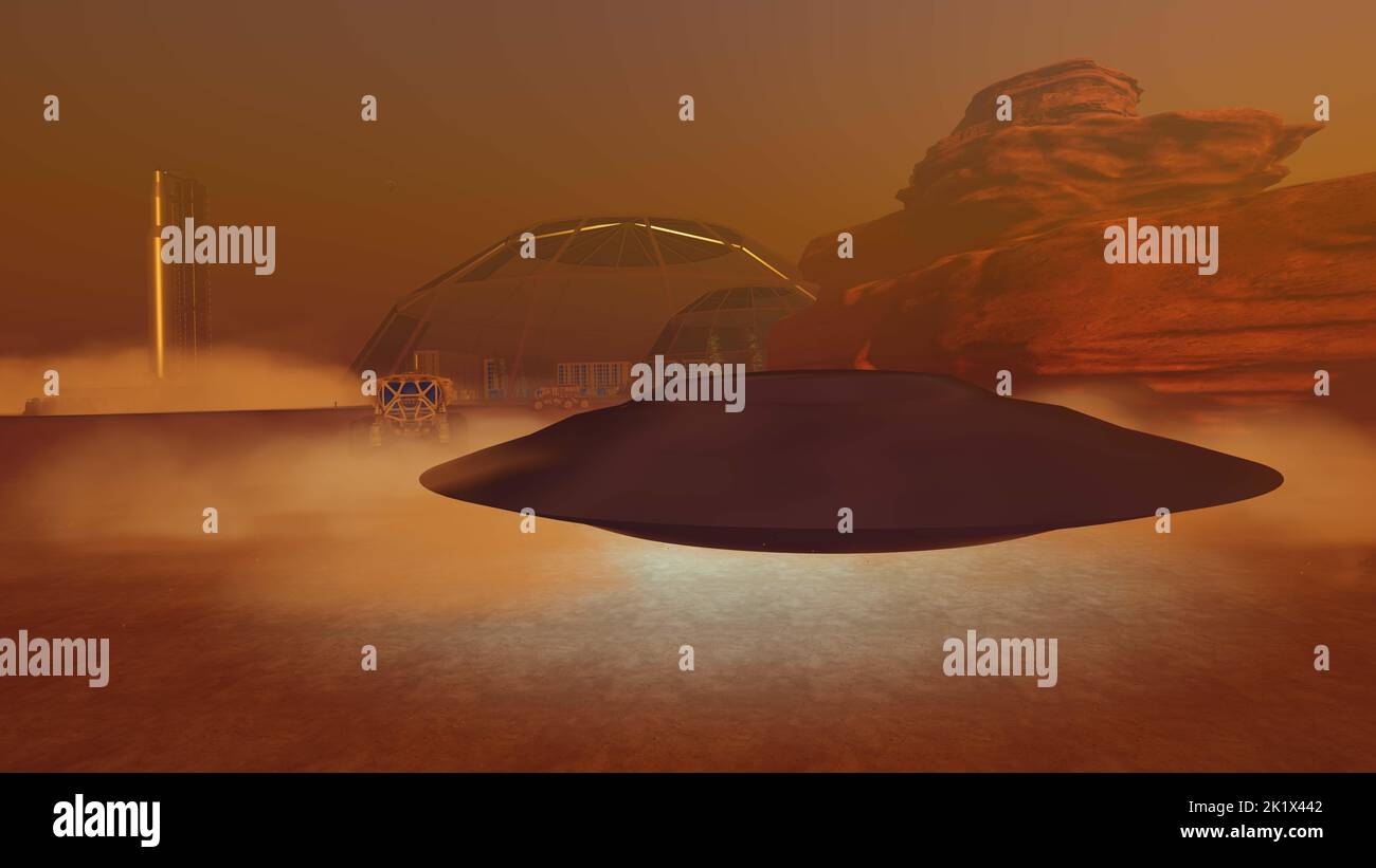 Alien encounter on Mars. Realistic 3D illustration showing martian terrain Stock Photo