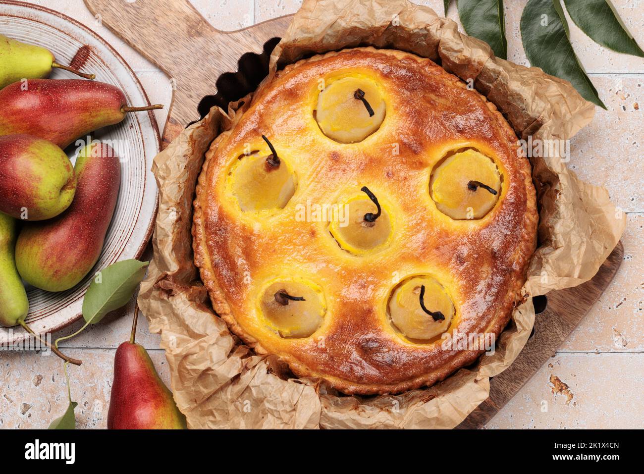 Homemade pear pie. Fruit tart with seasonal fruits. Flat lay Stock Photo
