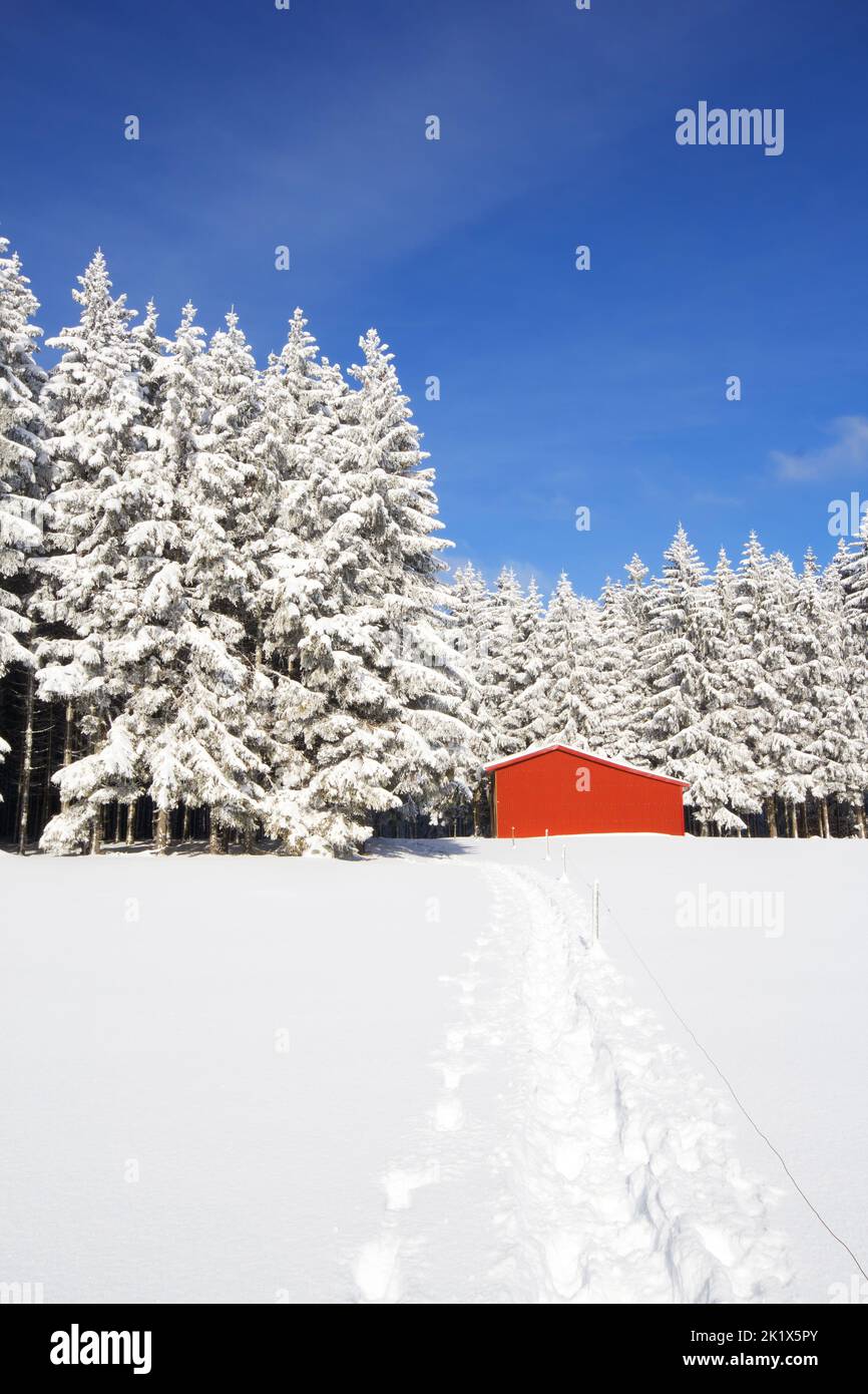 Red barn in snow landscape Stock Photo - Alamy