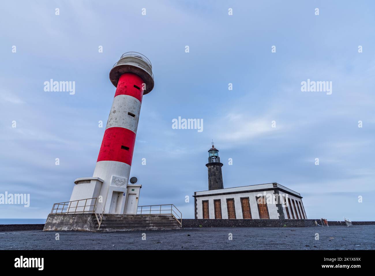 Bottom wide angle view of old and new lighthouse Stock Photo