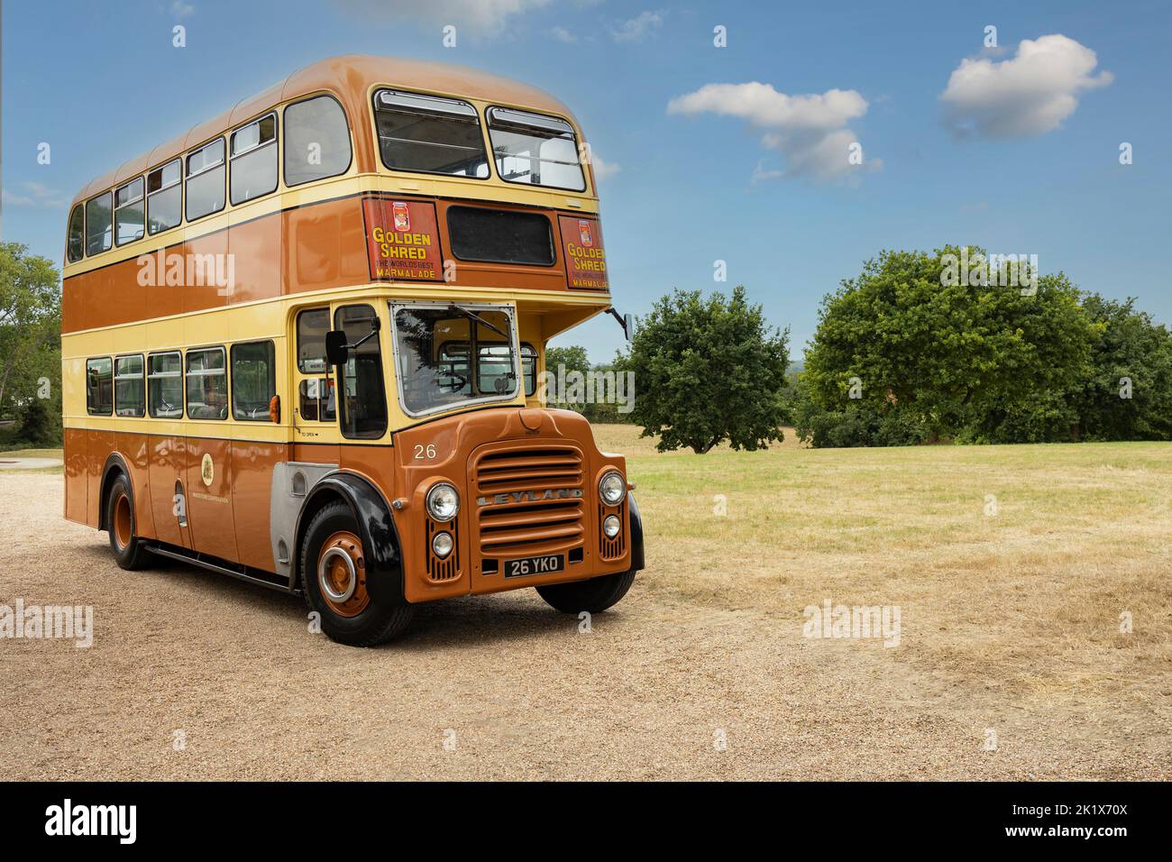 Tenterden, Kent, united kingdom, 21, August, 2022, rare brown vintage leyland double decker bus outside blue sky Stock Photo