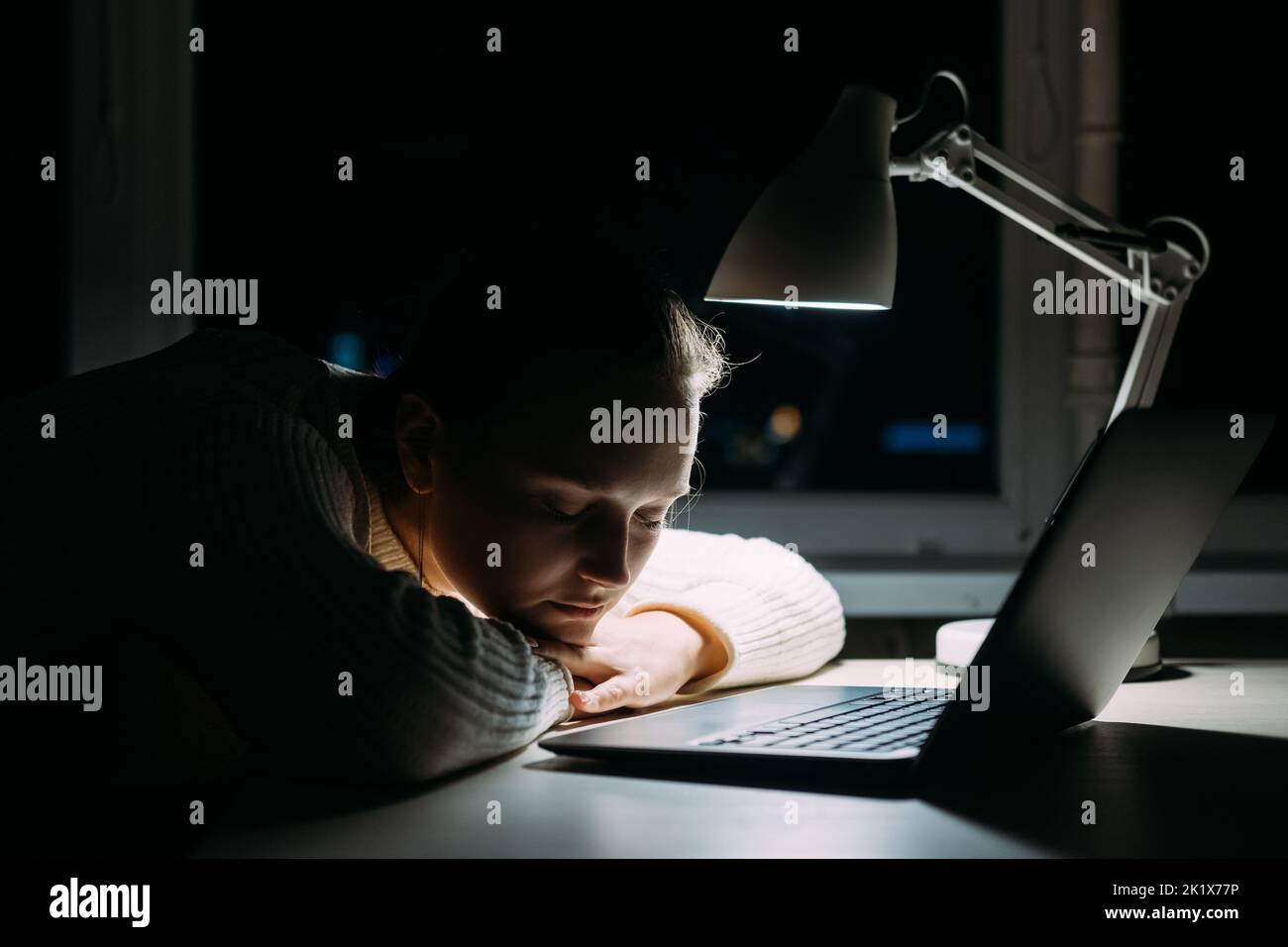 Tired woman. Overload information. Online education. Exhausted lady