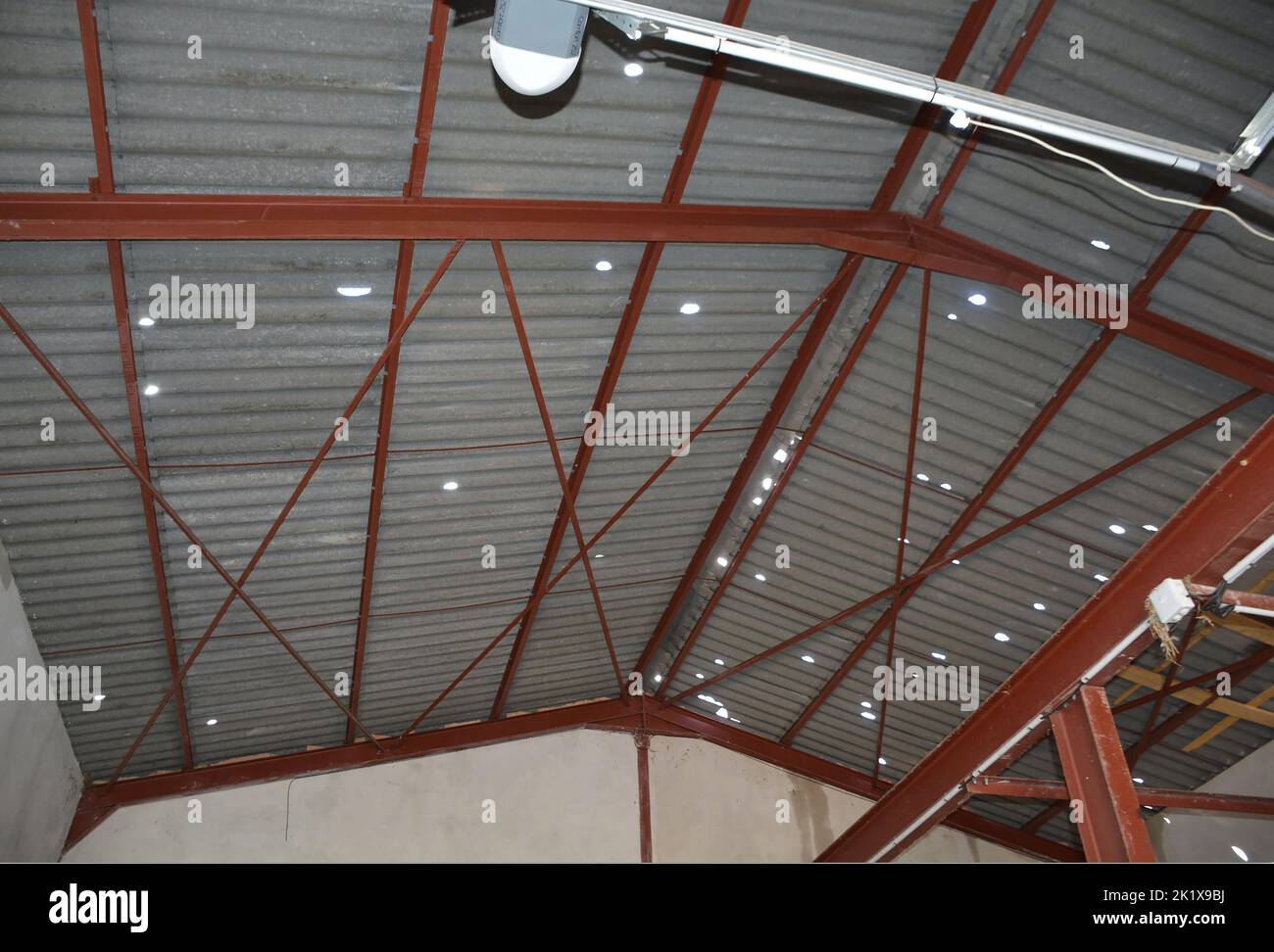 roof of a garage victim of a violent hailstorm, Espinasse-Vozelles, Allier, France Stock Photo