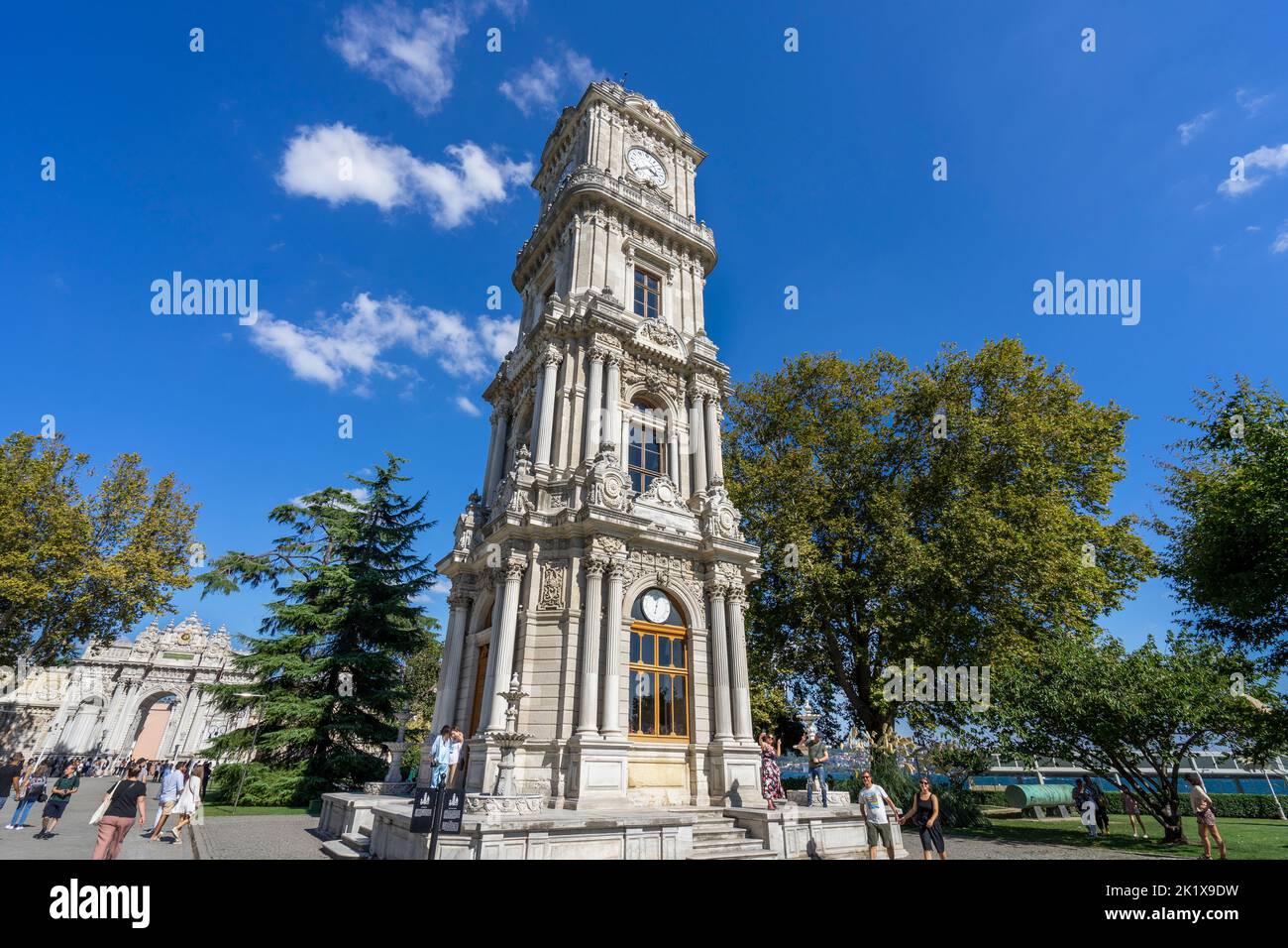 Panoramic view of Historical Clock Tower (Saat Kulesi) at the Dolmabahce. Dolmabahce Clock Tower is a clock tower situated in Dolmabahce square, Istan Stock Photo