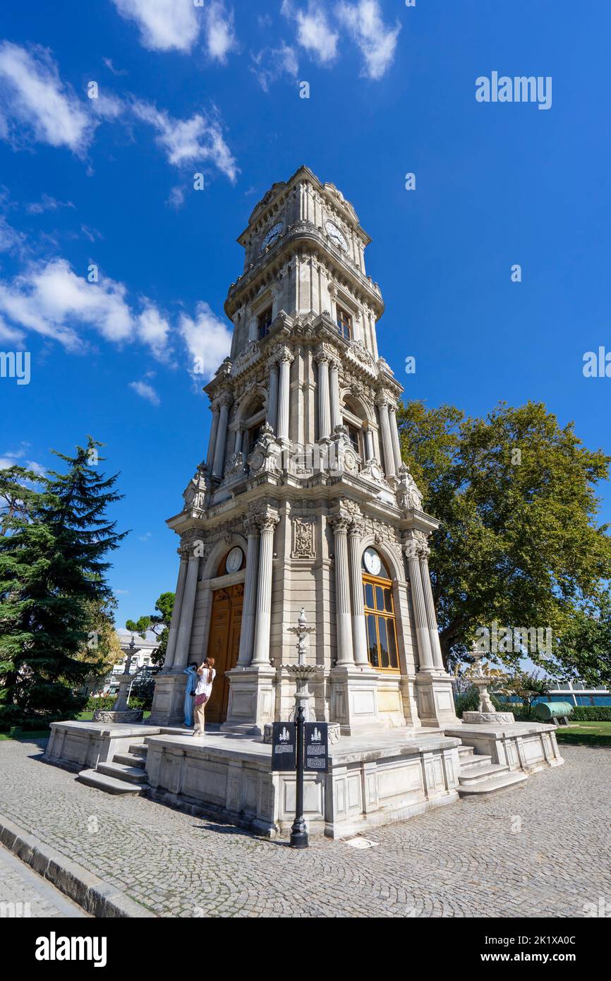 Famous Clock Tower of Dolmabahce Palace in Istanbul, Turkey Stock Photo