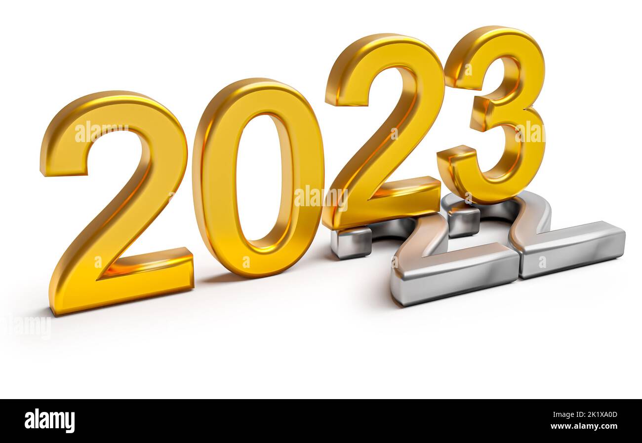 New year 2023 holiday concept. The number 2023 lies at 2022. 3d rendering Stock Photo