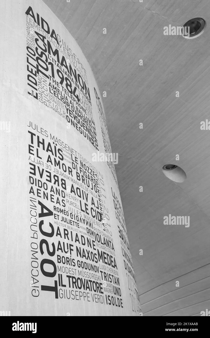 interior detail of El Palau de les Arts Reina Sofia, Opera House, at City of Arts and Sciences in Valencia, Spain in September - black and white Stock Photo