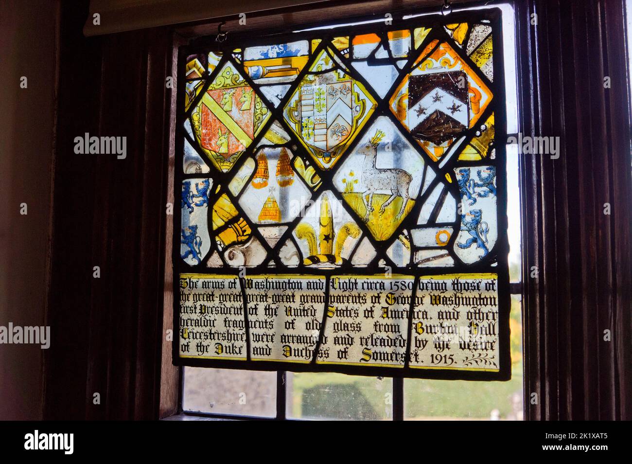 Medieval stained glass window in Sulgrave Manor, the ancestral home of George Washington, Northamptonshire, UK Stock Photo