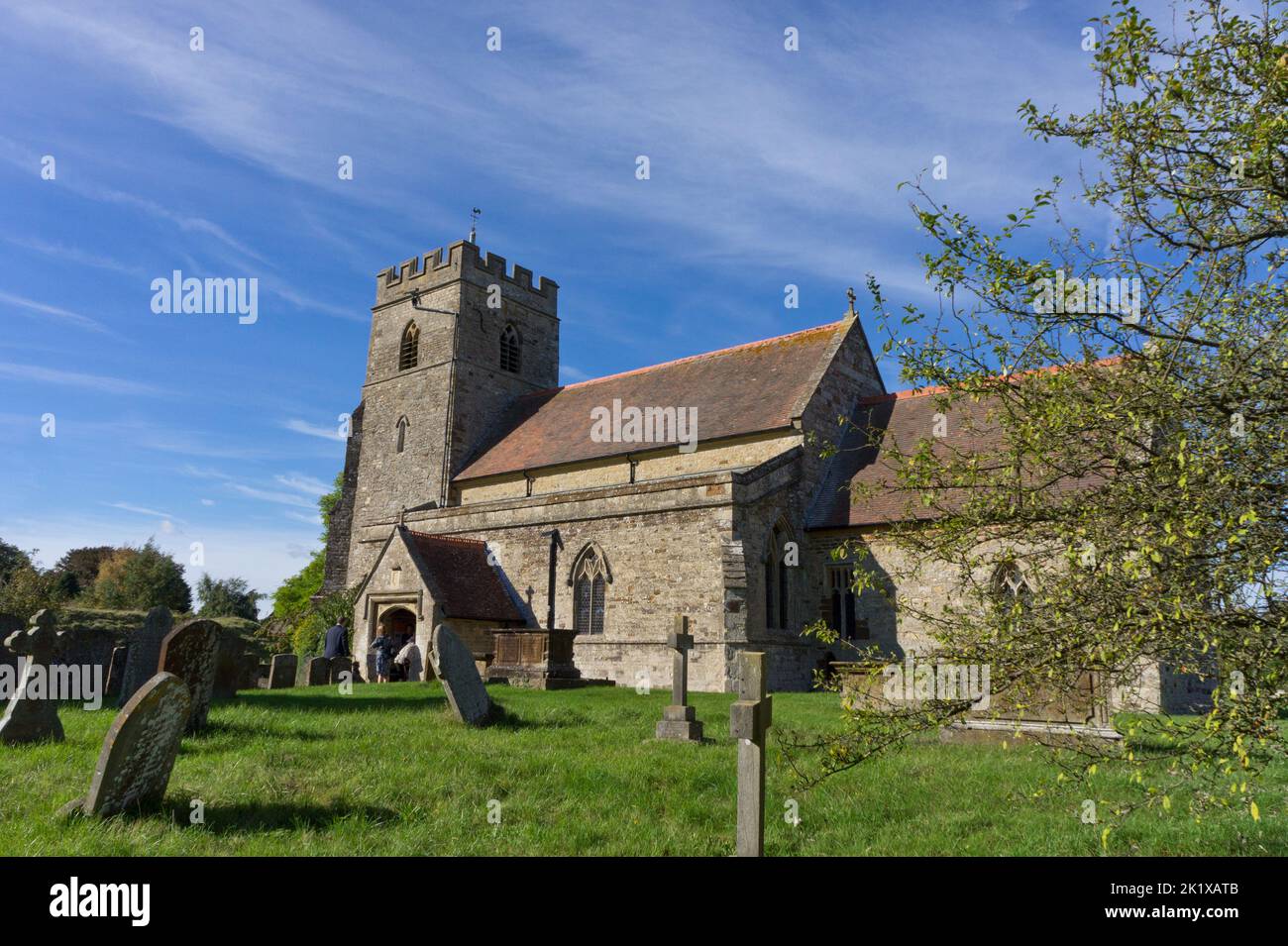 Exterior of the church of St James the Less in the village of Sulgrave, Northamptonshire, UK; earliest parts date from 14th century. Stock Photo
