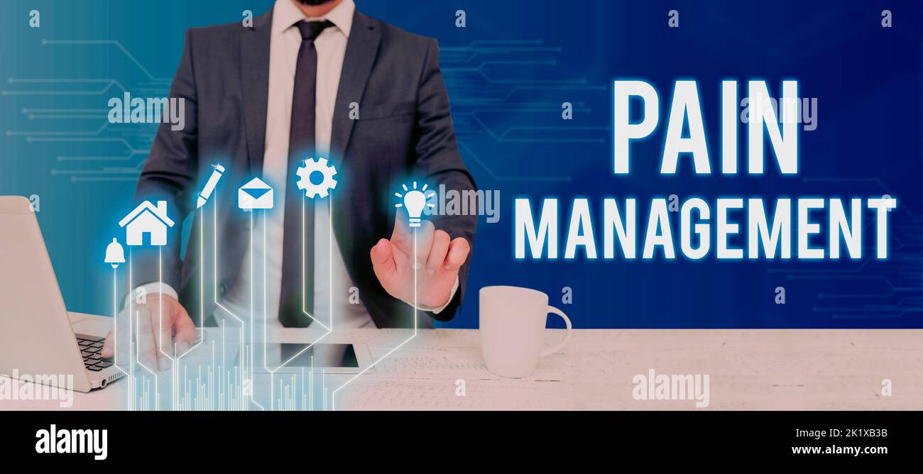Text caption presenting Pain Managementa branch of medicine employing
