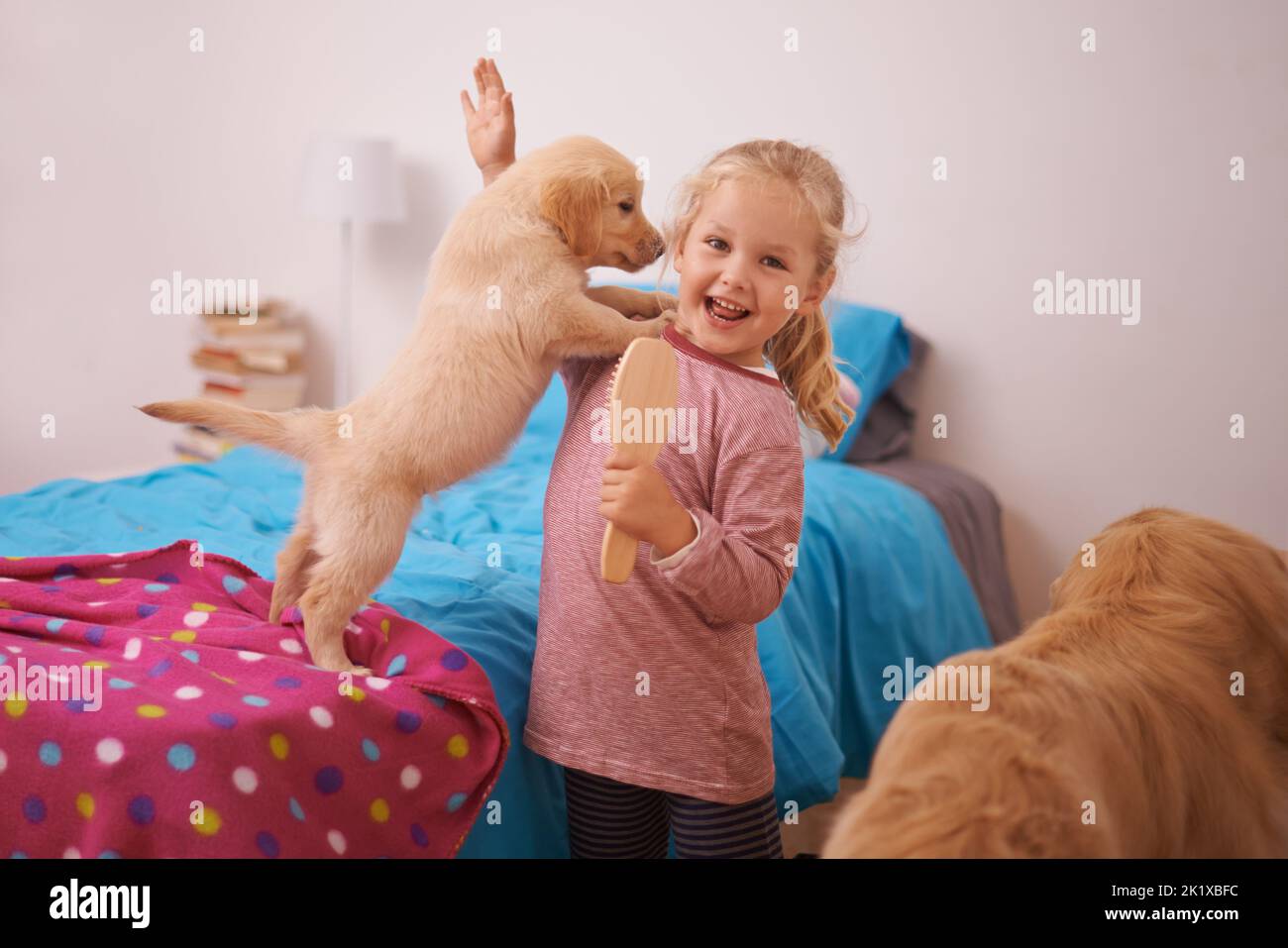 Look mom He jumped on me. A cropped shot of a little girl playing with her puppy in her bedroom. Stock Photo