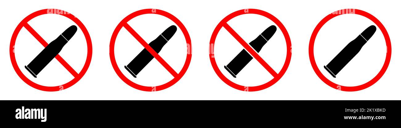 Bullet ban sign. Cartridge is forbidden. Set of red prohibition signs of bullet. Vector illustration Stock Vector