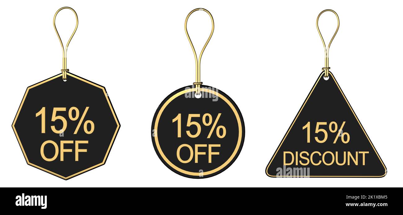 Set of 3 15% off 15% discount sale tags price tickets swing ticket and tags with 15% off or discount Stock Photo