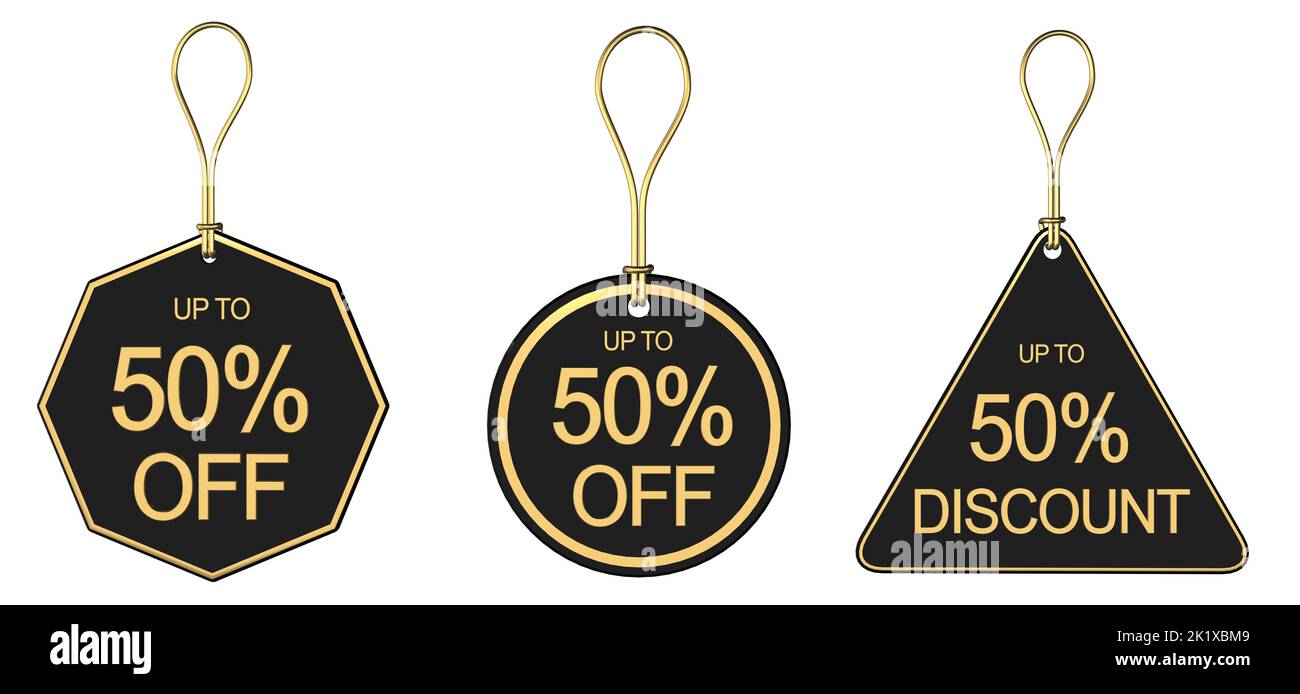 Set of 3 50% off 50% discount sale tags price tickets swing ticket and tags with 50% off or discount Stock Photo