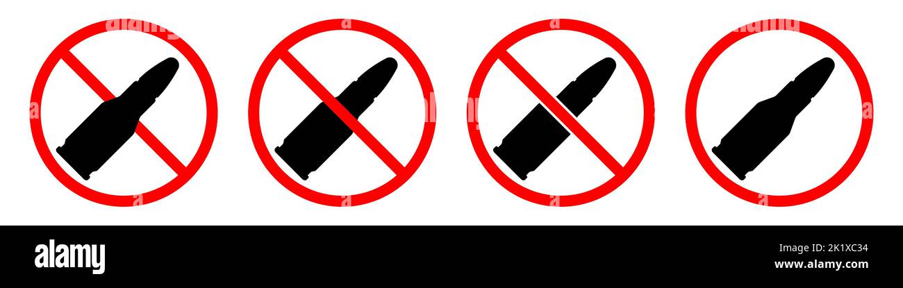 Bullet ban sign. Cartridge is forbidden. Set of red prohibition signs of bullet. Vector illustration Stock Vector