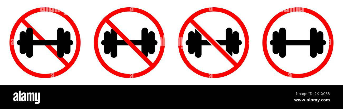 Dumbbell ban sign. Dumbbell is forbidden. Set of red prohibition sign ...