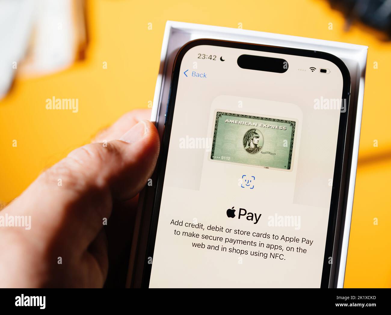 Paris, France Sep 17, 2022 Setting American express pay card menu on