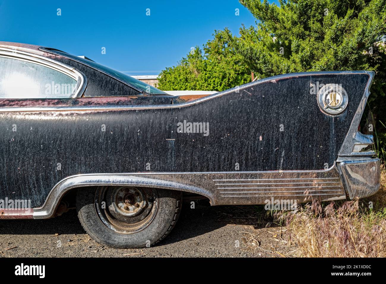 The rear driver side quarter panel of an antique 1960 Plymouth Fury in Wells, Nevada, USA Stock Photo