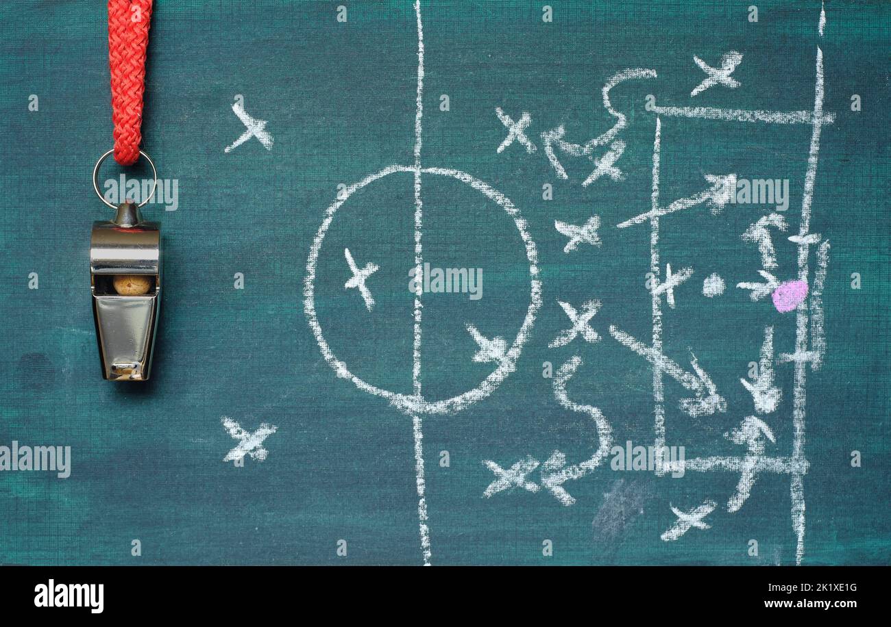 Whistle of soccer referee or coach and soccer tactics scribble on green background. Great soccer event this year Stock Photo