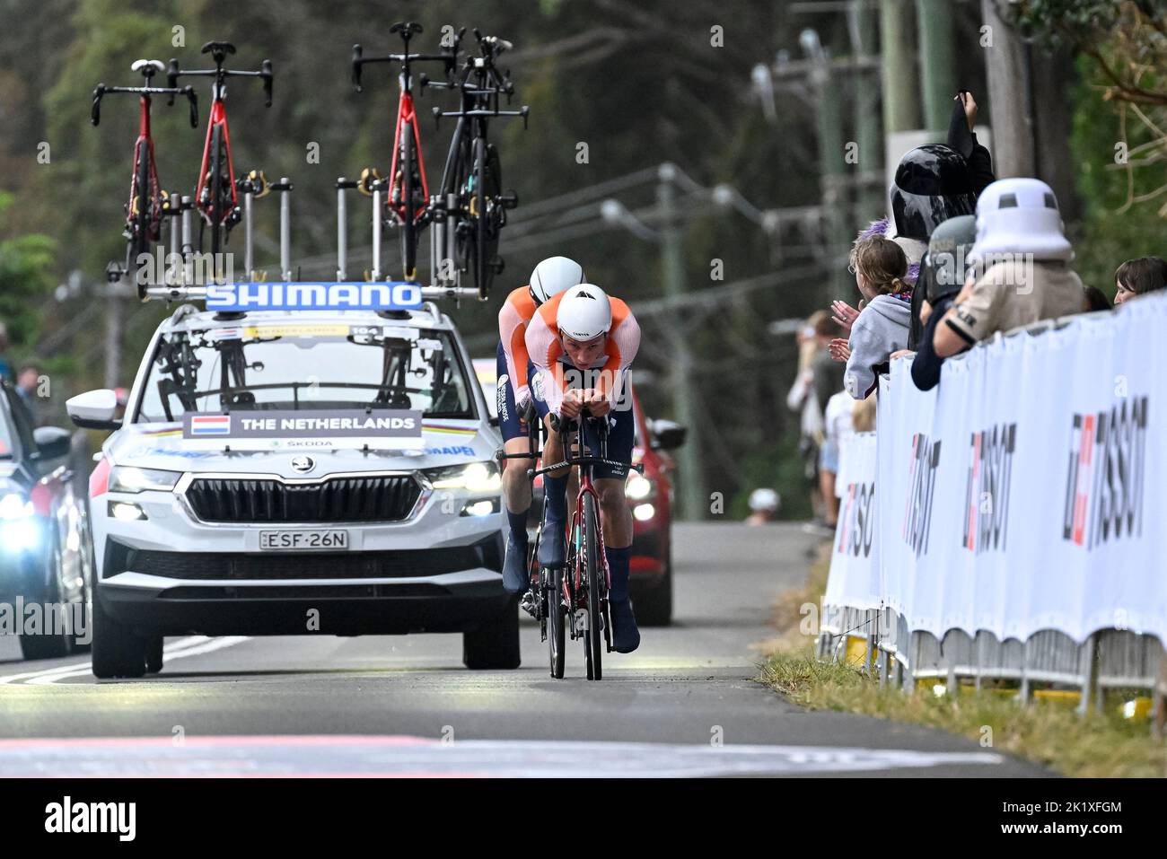 21st September 2022; Wollongong, Illawarra, South Wales, Australia: UCI World Road Cycling Championships, Mathieu van der Poel of the Netherlands leads teammate Daan Hoole during the Team Time Trial Mixed relay Stock Photo