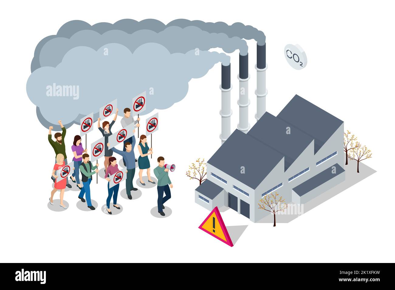 Isometric industrial chimneys with heavy smoke causing air pollution ...