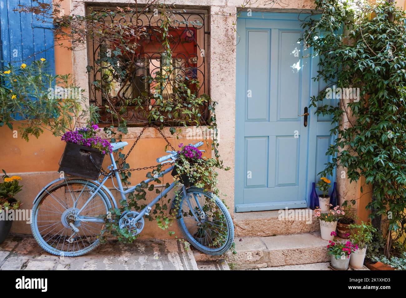 Still life with blue bicycle at door and window of a house in Rovinj ...