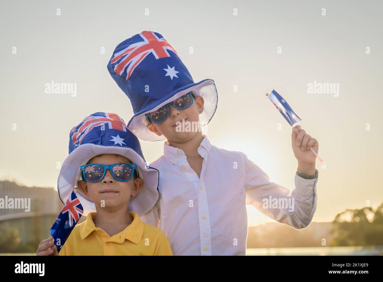 Two happy Australian boys celebrating Australia Day in Adelaide city Stock Photo