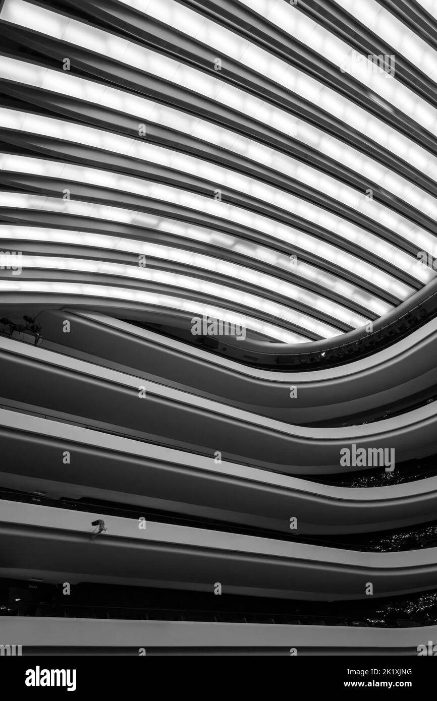 interior detail of El Palau de les Arts Reina Sofia, Opera House, at City of Arts and Sciences in Valencia, Spain in September - black and white Stock Photo