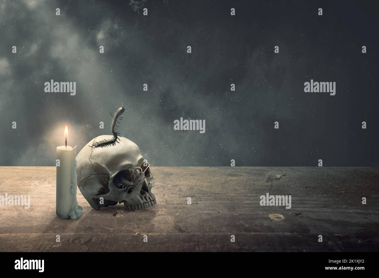 Human head skull on wooden table with centipede and candle with dark background Stock Photo