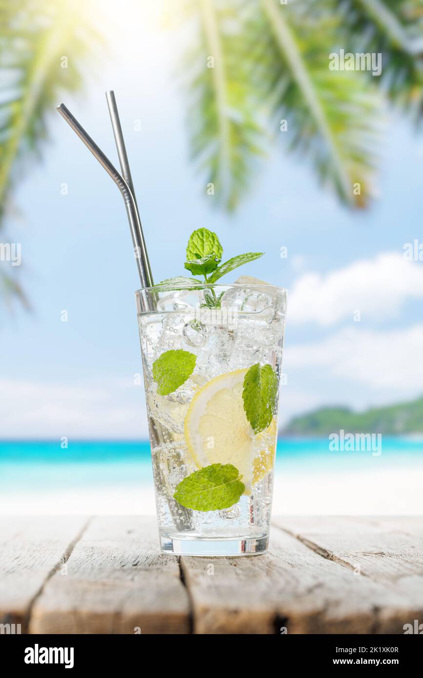 Mojito cocktail on wooden table in front of sunny sea and palm leaves Stock Photo