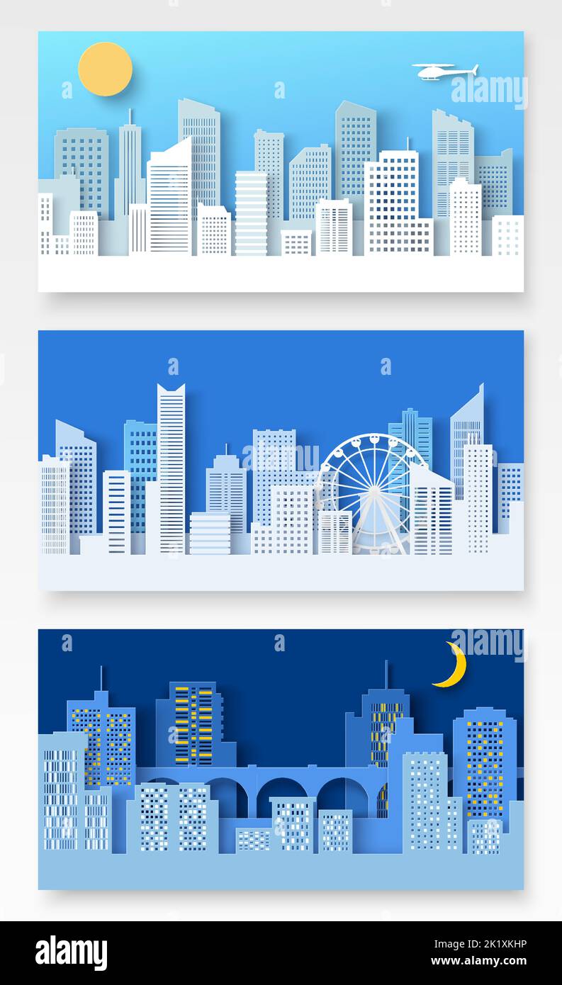 Banner city landscape paper cut illustration set Stock Vector Image ...