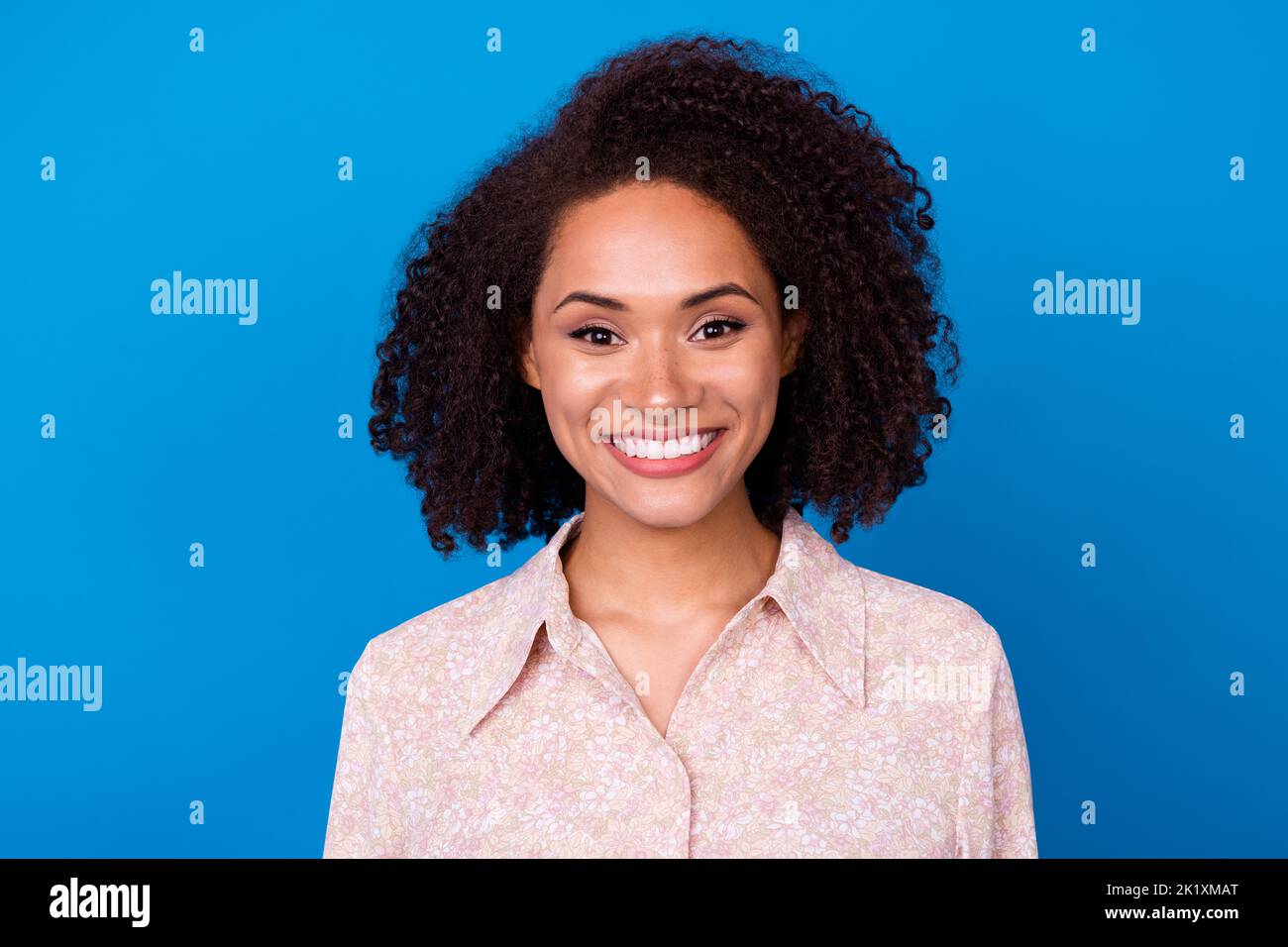 Photo of pretty positive person toothy beaming smile curly hairstyle isolated on blue color background Stock Photo