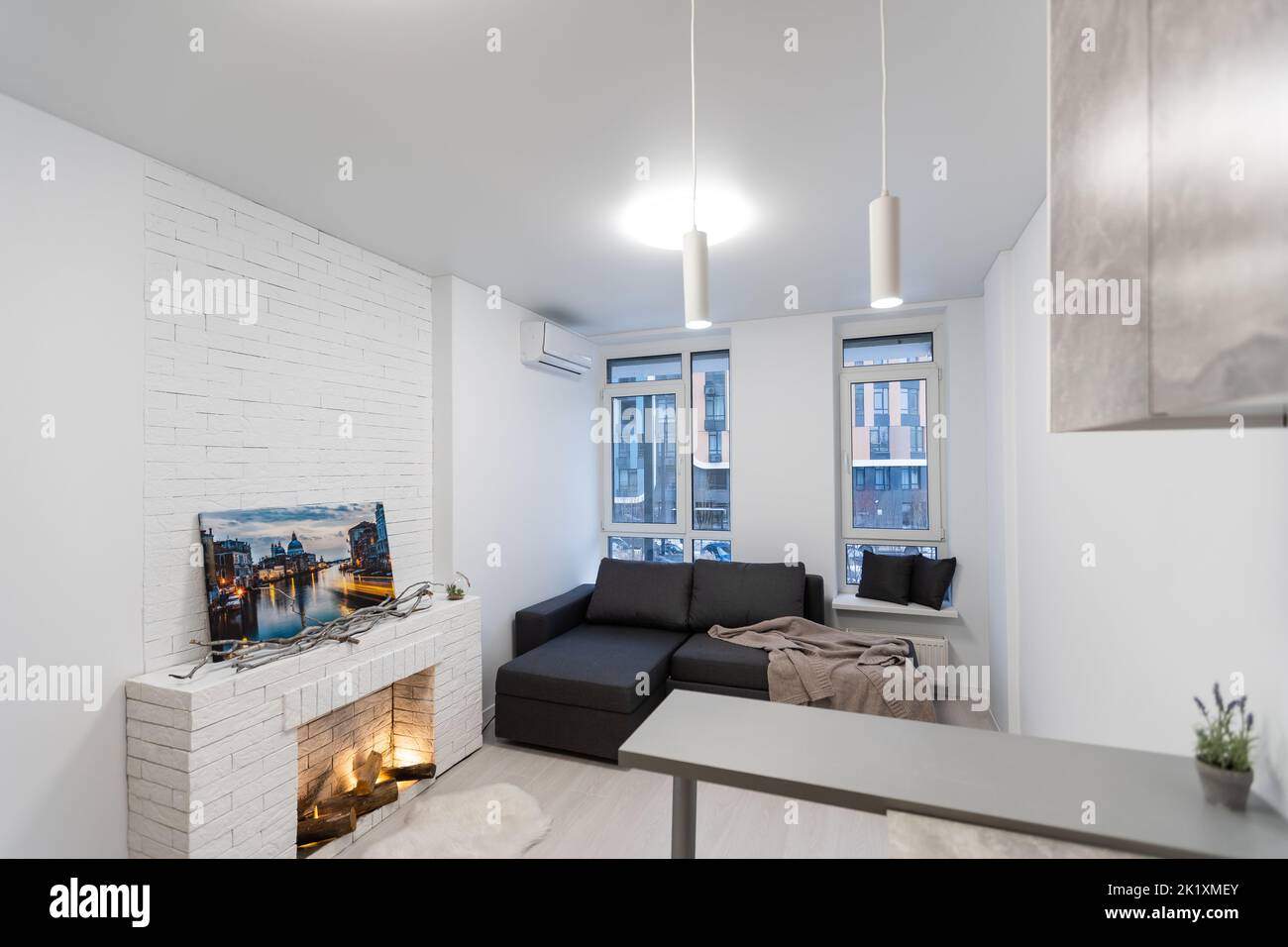 Modern studio flat with small kitchen, sofa Stock Photo Alamy