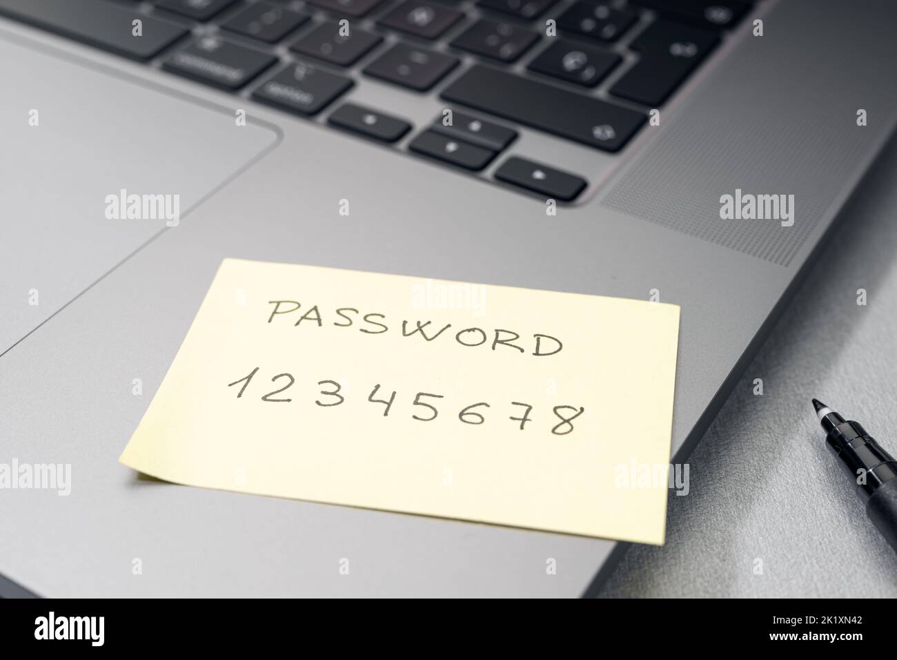 Weak password concept. Handwritten text on sticky note on laptop. Computer security management Stock Photo