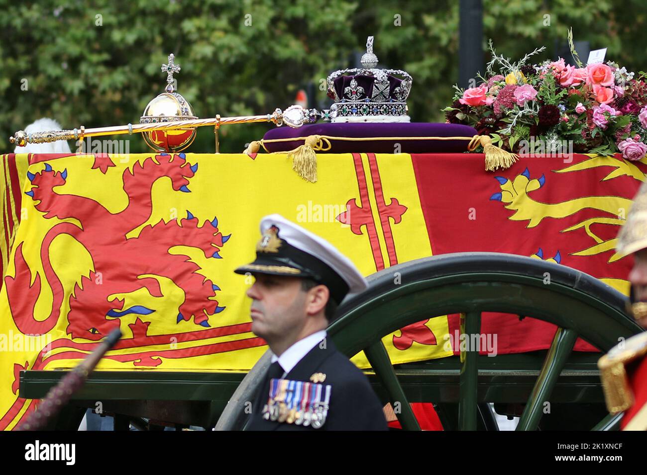 The state funeral of Queen Elizabeth the second as she is carried on a