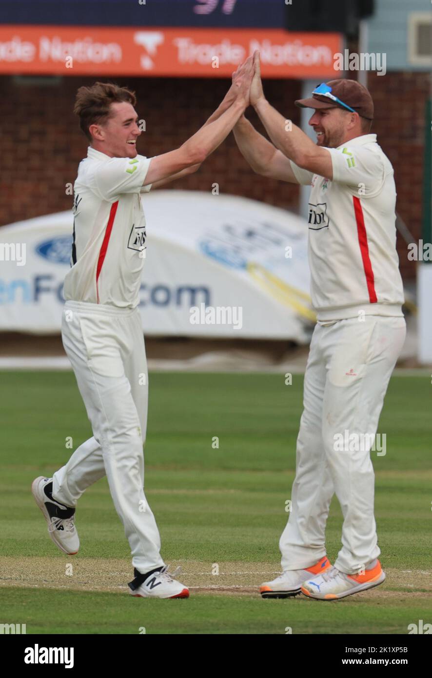CHELMSFORD ENGLAND - SEPTEMBER 20 : George Balderson of Lancashire CCC  celebrates the catch of Essex's Matt Critchley  during LV= COUNTY CHAMPIONSHIP Stock Photo