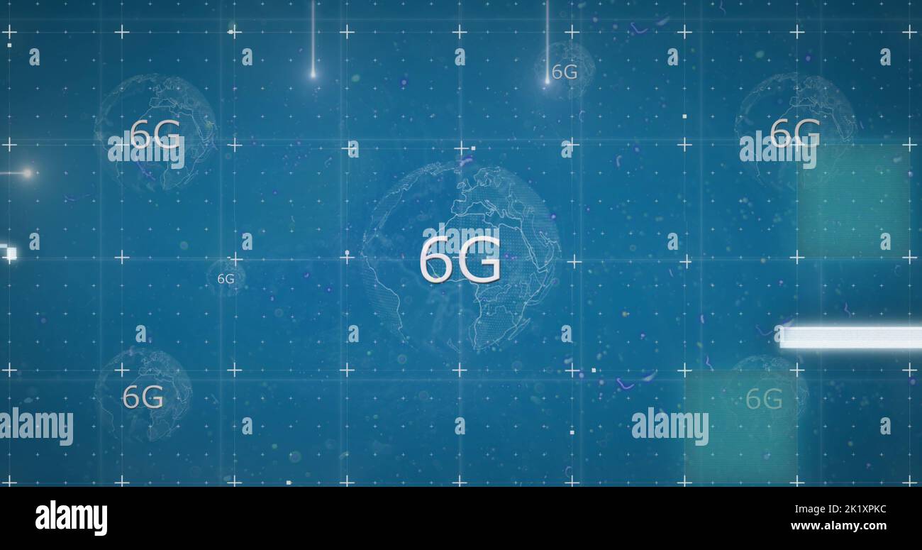 Image of interference over globe with 6g text on blue background Stock Photo