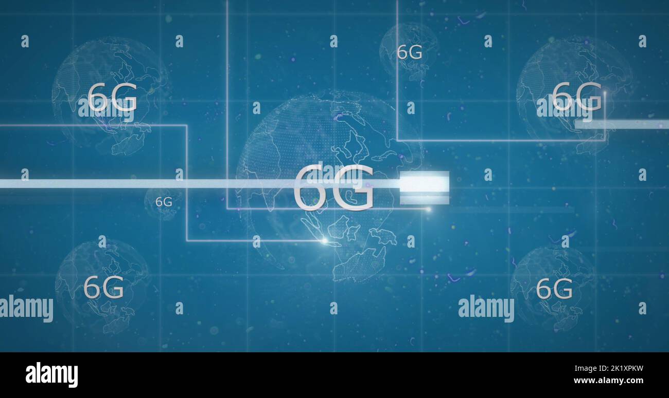 Image of interference over globe with 6g text on blue background Stock Photo