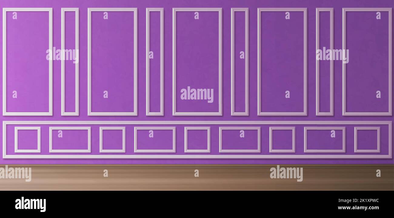 Empty room with purple panels on wall and wooden floor. Vector realistic 3d illustration of house interior in vintage victorian style with white molding frames on wall Stock Vector