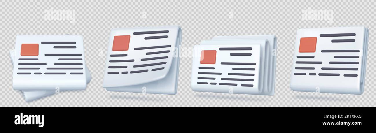 Daily newspaper, paper press with headline, article and picture frame. Folded sheets of journal, magazine, tabloid or gazzete isolated on transparent background, vector 3d illustration Stock Vector