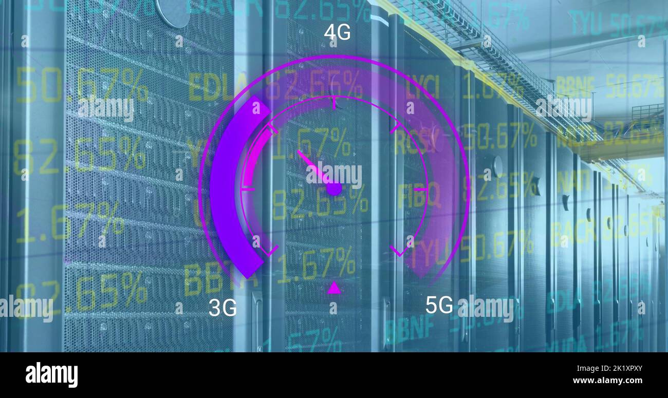 Image of data processing and server room over speedometer Stock Photo