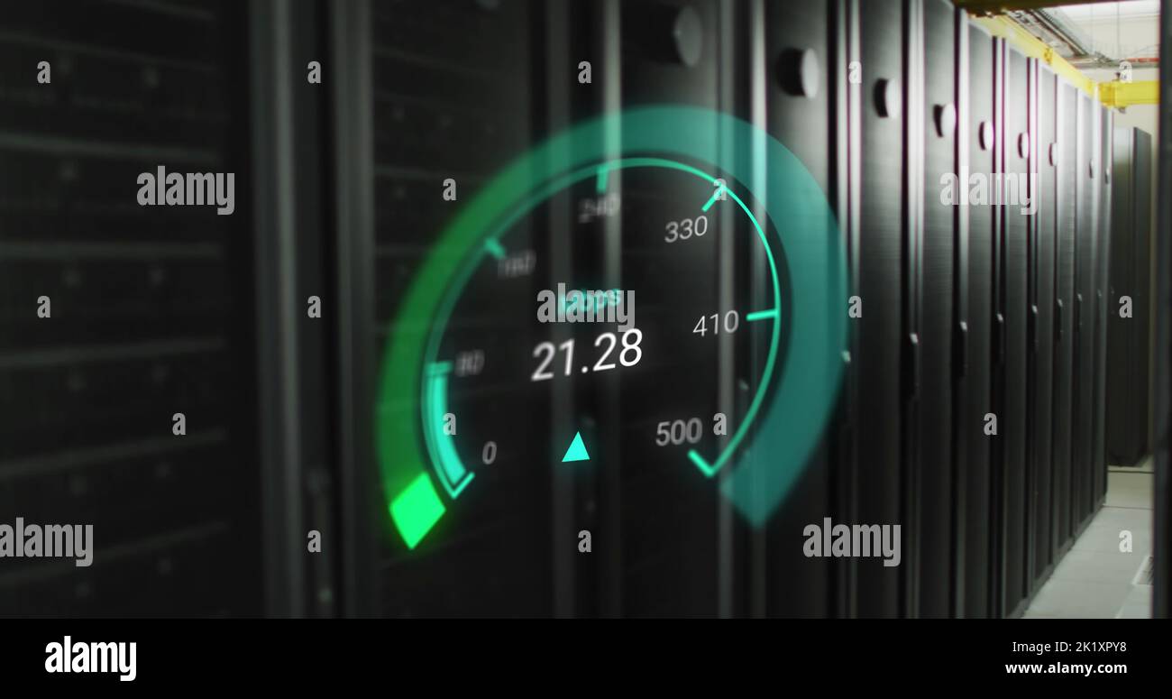 Image of data processing and server room over speedometer Stock Photo